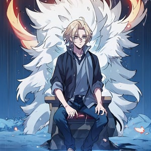 masterpiece, best quality, ultra detailed, highly detailed. 1man, 20 years old, blonde hair, gray eyes, elegant gray and black clothing, (perfect male anatomy) dark colors, background universe, hot, meditating in the rain, full body,  attractive, night, particles surrounding the environment ,manhwa-artstyle,fine anime screencap, anime screencap