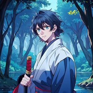 masterpiece, best quality, ultra detailed, highly detailed. 1man, 20 years old, black hair, blue eyes, blue samurai clothing, holding a katana, forest, lake, dark colors, red tones, night, particles surrounding the environment 