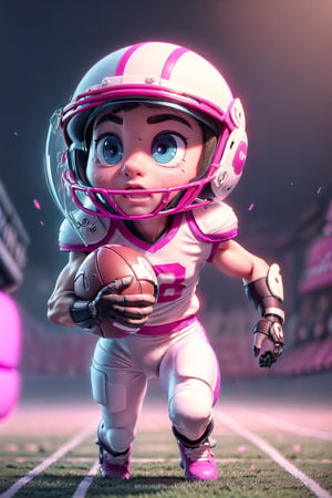 (detailed beautiful eyes and detailed face, masterpiece side light, masterpiece, best quality, detailed, high resolution illustration), (((1cute cartoon boy american football player))), (white and pink football suit with mechanical gear:1.38), protection gear, american football court, armor, extra large helmet, beautiful big eyes, (throw football pose:1.38), front_view,  ((extra big head:1.5)), (((extra small body))), ((running:1.38)), (ultra blur background:1.4), many neon light from gear, red neon light, blur background, dynamic light on body, ((front view)), urban techwear,C7b3rp0nkStyle,3DMM,handegg,urban techwear,retrowavetech,helmet, shoulder armor