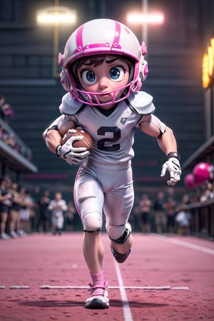 (detailed beautiful eyes and detailed face, masterpiece side light, masterpiece, best quality, detailed, high resolution illustration), (((1cute cartoon boy american football player))), (white and pink football suit with mechanical gear:1.38), protection gear, american football court, armor, extra large helmet, beautiful big eyes, kicking a metal football, front_view,  ((extra big head:1.5)), (((extra small body))), ((running:1.38)), (ultra blur background:1.4), many neon light from gear, red neon light, blur background, dynamic light on body, ((front view)),(full body), urban techwear,C7b3rp0nkStyle,3DMM,handegg,urban techwear