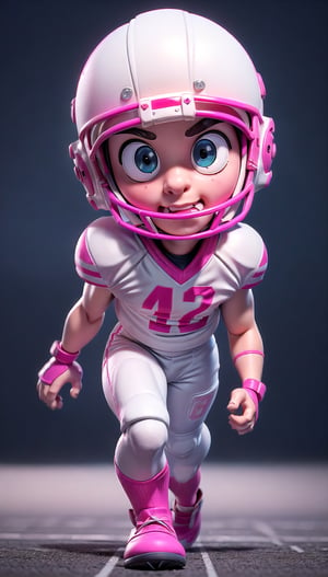 (detailed beautiful eyes and detailed face, masterpiece side light, masterpiece, best quality, detailed, high resolution illustration), (((1cute cartoon boy american football player))), (fat and cute face:1.38), (white and pink football suit with mechanical gear:1.38), protection gear, american football court, armor, extra large helmet, beautiful big eyes, kicking a metal football, front_view,  ((extra big head:1.5)), (((ultra small and skort body))), ((running:1.38)), (ultra blur background:1.4), many neon light from gear, red neon light, blur background, dynamic light on body, ((low angle view)),(close up shots), urban techwear,C7b3rp0nkStyle,3DMM,handegg,urban techwear,3D Chibi Figure, 