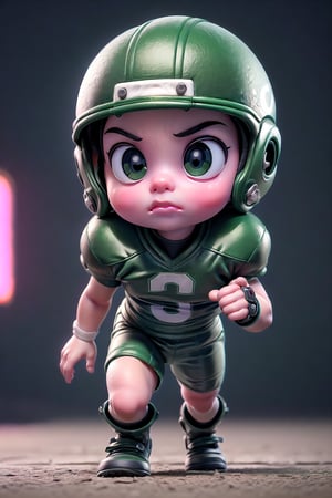 (detailed beautiful eyes and detailed face, masterpiece side light, masterpiece, best quality, detailed, high resolution illustration), (((1cute cartoon boy american football player))), (((baby cute face:1.38))), (army green football suit with mechanical gear:1.38), protection gear, american football court, armor, extra large helmet, beautiful big eyes, kicking a metal football, front_view,  ((extra big head:1.5)), (((ultra small and skort body))), ((running:1.38)), (ultra blur background:1.4), many neon light from gear, red neon light, blur background, dynamic light on body, ((low angle view)),(close up shots), urban techwear,C7b3rp0nkStyle,3DMM,handegg,urban techwear,3D Chibi Figure, 