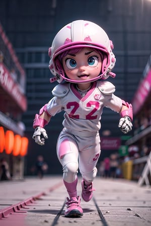 (detailed beautiful eyes and detailed face, masterpiece side light, masterpiece, best quality, detailed, high resolution illustration), ((1cute cartoon boy football player)), (white and pink football suit with mechanical gear:1.38), protection gear, football stadium, armor, extra large helmet, beautiful big eyes, kicking a metal football, front_view,  ((extra big head:1.5)), (((extra small body))), ((running:1.38)), (ultra blur background:1.4), many neon light from gear, red neon light, blur background, dynamic light on body, ((front view)),(full body), urban techwear,C7b3rp0nkStyle,3DMM,handegg,urban techwear