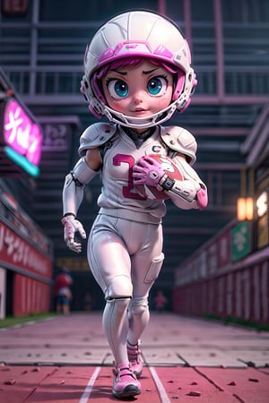 (detailed beautiful eyes and detailed face, masterpiece side light, masterpiece, best quality, detailed, high resolution illustration), ((1cute cartoon boy football player)), (white and pink football suit with mechanical gear:1.38), protection gear, sportfield with futuristic stadium, armor, extra large helmet, beautiful big eyes, kicking a metal football, front_view,  ((extra big head:1.5)), (((extra small body))), ((running:1.38)), (ultra blur background:1.4), many neon light from gear, red neon light, blur background, dynamic light on body, ((front view)),(full body), urban techwear,C7b3rp0nkStyle,3DMM,handegg,urban techwear