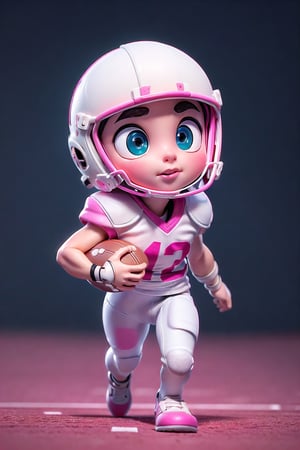 (detailed beautiful eyes and detailed face, masterpiece side light, masterpiece, best quality, detailed, high resolution illustration), (((1cute cartoon boy american football player))), (white and pink football suit with mechanical gear:1.38), protection gear, american football court, armor, extra large helmet, beautiful big eyes, kicking a metal football, front_view,  ((extra big head:1.5)), (((extra small body))), ((running:1.38)), (ultra blur background:1.4), many neon light from gear, red neon light, blur background, dynamic light on body, ((low angle view)),(close up shots), urban techwear,C7b3rp0nkStyle,3DMM,handegg,urban techwear,3D Chibi Figure
