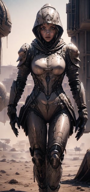 (detailed beautiful eyes and detailed face, masterpiece side light, masterpiece, best quality, detailed, high resolution illustration), a female warrior from the future fighting with an aliens on a battlefield on the planet, Her armor was damaged in many places, her hood was broken, and blood flowed from the seams in her armor, but she still fought tenaciously. she had tired eyes, (heavy dusty background:1.36), (blur background:1.36), walking, open chest armor, front_view, ,rndmln