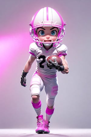 (detailed beautiful eyes and detailed face, masterpiece side light, masterpiece, best quality, detailed, high resolution illustration), ((1cute cartoon boy football player)), (football suit with mechanical gear:1.38), protection gear, sportfield with futuristic stadium, armor, extra large helmet, beautiful big eyes, sun shine background, blur background, kicking a metal football, front_view,  ((extra big head:1.36)), ((extra short body:1.36)), ((running:1.38)), many neon light from gear, red neon light, blur background, heavy fog environment, dynamic light on body, ((front view)),(full body), (white and pink tone:1.8), urban techwear,C7b3rp0nkStyle,3DMM,handegg