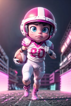 (detailed beautiful eyes and detailed face, masterpiece side light, masterpiece, best quality, detailed, high resolution illustration), (((1cute cartoon boy american football player))), (white and pink football suit with mechanical gear:1.38), protection gear, american football court, armor, extra large helmet, beautiful big eyes, (throw football pose:1.38), front_view,  ((extra big head:1.5)), (((extra small body))), ((running:1.38)), (ultra blur background:1.4), many neon light from gear, red neon light, blur background, dynamic light on body, ((front view)),(full body), urban techwear,C7b3rp0nkStyle,3DMM,handegg,urban techwear,retrowavetech,helmet, shoulder armor