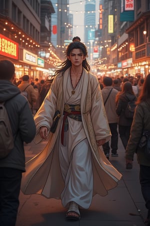 A photorealistic anime-style depiction of a xianxia hero, immortal and ethereal, walking among bustling crowds on a vibrant city street. The hero's flowing robes contrast with the modern attire of the people, illuminated by the warm glow of streetlights. The composition captures the hero's serene expression amidst the lively urban environment, with a dynamic perspective that highlights the contrast between ancient and contemporary.