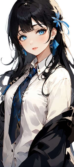 masterpiece, best quality, 1girl,   Balsamique, long Black hair with bangs, large round blue eyes, neutral expression,  black coat,  necktie,  collared shirt,  piercing,  