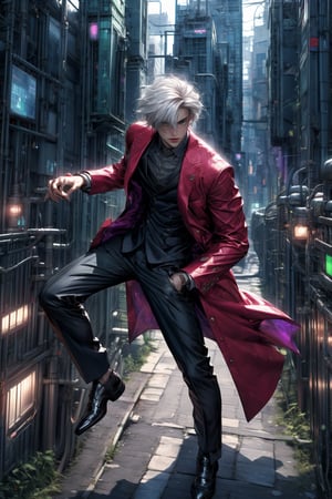 (1 girl, long, black hair, blue eyes, medium hair, medium breasts, coat, long coat, red coat), (1boy, tall, white hair, green eyes, suit, black suit), fullbody, city, fighting pose, looking at viewer, aerial_view,perfect hand,DonMC3l3st14l3xpl0r3rsXL