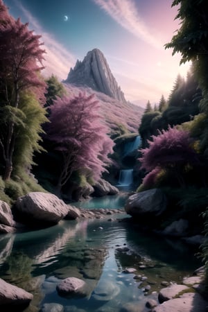 centered, photography, raw photo, | sunset cozy mountain, fantasy island, trees, leaf, waterfall, river, beach, rock path, | aesthetic vibe, sunset ilumination, blue and pink color shade, | bokeh, depth of field,DonMC3l3st14l3xpl0r3rsXL