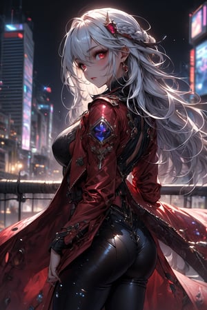 (1girl, long, scarlet hair, red eyes, medium hair, medium breasts, coat, long coat, red coat), (1boy, tall, white hair, red eyes, suit, black suit), fullbody, city, back to back, looking at viewer, aerial_view,perfect,yuzu,hand,DonMC3l3st14l3xpl0r3rsXL