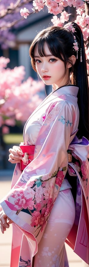 (masterpiece, top quality, best quality, official art, beautiful and aesthetic:1.2), (1girl), extreme detailed,(fractal art:1.3),colorful,highest detailed,ppcp,r1ge, sakura, cherry_blossoms, pink kimono,Animé, sakura, kimono