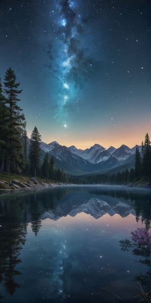 Generate hyper realistic image of a serene lake reflecting an otherworldly sky filled with surreal constellations and cosmic phenomena. The mirror lake's surface should act as a portal to unknown realms, with the reflection revealing hidden mysteries and eldritch landscapes. Convey the tranquil yet enigmatic ambiance of the mirror lake as it becomes a gateway to the extraordinary.
