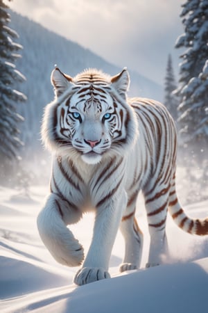 (masterpiece, photorealistic:1.3), (CGI image of a white tiger:1.3), (majestic creature), (the tiger's fur rendered in exquisite detail:1.2), (each tail adorned with lush and fluffy fur:1.1), (the tiger's eyes shining with intelligence and mystery:1.1), (a gleam of amber, hinting at its supernatural nature:1.1), (the fox standing gracefully in a vast snow-covered open field:1.1), (Blender CGI software, capable of producing stunning photorealistic scenes:1.2), (the snowy landscape with delicate snowflakes falling:1.1), (the fox's paws leaving imprints in the fresh snow:1.1), (surrounded by the serene beauty of winter:1.1), (a sense of enchantment and wonder in the air:1.1), (the fox's captivating gaze drawing viewers into its world:1.1), (a work of art that brings mythology to life:1.1), (the nine-tailed fox, a symbol of magic and transformation:1.1), (the image capturing the fox's grace and power:1.1), (a seamless blend of CGI and reality, blurring the lines between fantasy and the natural world:1.1), (the high-resolution rendering bringing every detail to life:1.1), (a striking visual representation of a mythical creature:1.1), (the snowy field stretching endlessly, evoking a sense of freedom and adventure:1.1), (an image that sparks the imagination and leaves a lasting impression:1.1), Cinematic, Hyper-detailed, insane details, Beautifully color graded, Unreal Engine, DOF, Super-Resolution, Megapixel, Cinematic Lightning, Anti-Aliasing, FKAA, TXAA, RTX, SSAO, Post Processing, Post Production, Tone Mapping, CGI, VFX, SFX, Insanely detailed and intricate, Hyper maximalist, Hyper realistic, Volumetric, Photorealistic, ultra photoreal, ultra-detailed, intricate details, 8K, Super detailed, Full color, Volumetric lightning, HDR, Realistic, Unreal Engine, 16K, Sharp focus, Octane render,ink scenery,chinese ink drawing,painting