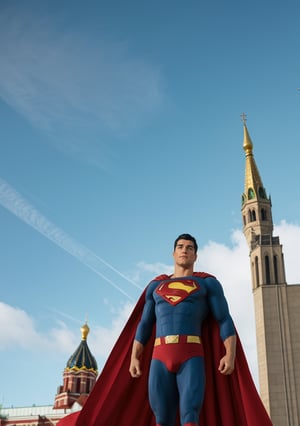 Comrade Citizens! Look to the skies as the mighty Superman leads the way! His outstretched hand guides us towards a brighter future, as we march together in unity and hope. The fiery red and yellow of his uniform blaze like beacons on the horizon, illuminating our path forward. Soviet flags wave proudly amidst the backdrop of Moscow's iconic St. Basil Cathedral, its onion domes glistening with red square majesty. Together, we shall soar to new heights!,1male,clark,blue eyes,superman