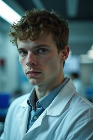 An American 25 years old young man looks like Jesse Eisenberg, skinny, undercut haircut, he's an intern geneticist in lab coat saying "This has gotten out of control"