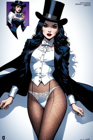 Zatanna DC comic character, Beautiful Mexican woman, medium long black hair, dark eyes, shapely body, top hat, black tuxedo jacket, white top underneath, white bow-tie, black fishnet tights, black knee-high high-heeled boots,Zattana