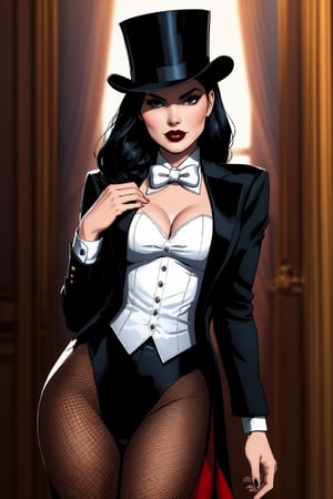 Zatanna DC comic character, Beautiful Mexican woman, medium long black hair, dark eyes, shapely body, top hat, black tuxedo jacket, white top underneath, white bow-tie, black fishnet tights, black knee-high high-heeled boots,Zattana