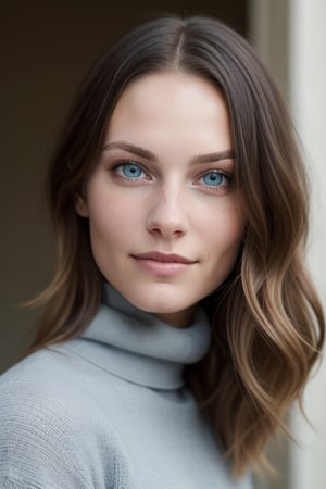 A close-up shot of an American young woman with striking resemblance to Charlotte de Witte. She has a fair complexion, light blue eyes that sparkle with curiosity, and caramel blonde hair styled in loose waves. Wearing a fitted black sweater turtleneck that accentuates her petite frame. The camera captures the subtleties of her features as she looks directly into the lens.