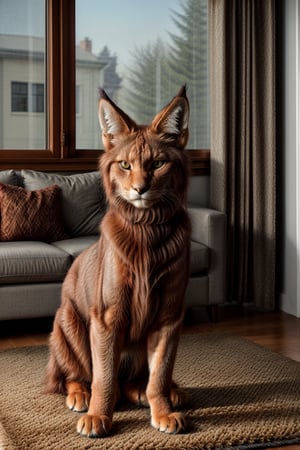 A majestic red lynx, its fiery fur glistening in the soft afternoon light streaming through the living room windows, pads silently across the plush carpet. Its piercing green eyes scan the room, ears perked up, as it explores the cozy space, weaving between coffee tables and armchairs with curious, deliberate strides.