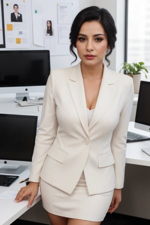 37 years old Mexican woman but looks 22, solo, looking at viewer, dark eyes, black straight hair, closed mouth, artist name, lips, white shirt (((white))), black blazer, realistic, perfect hairstyle, office_lady, office, office dress (((black))), standing, looking straight, half body, attention position, More Detail