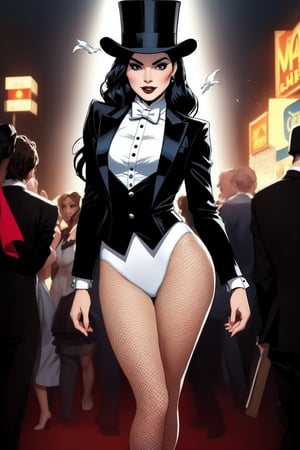 Zatanna DC comic character, Beautiful Mexican woman, medium long black hair, dark eyes, shapely body, top hat, black tuxedo jacket, white top underneath, white bow-tie, black fishnet tights, black knee-high high-heeled boots,Zattana