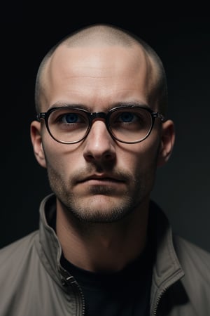 A moody close-up shot of an American young man, reminiscent of Moby's features, frames his contemplative expression. His shaven head is smooth to the camera, while his dark-hooded jacket and black-framed eyewear create a somber atmosphere. His piercing light blue eyes seem lost in thought, as he gazes off-camera with a mix of introspection and longing.