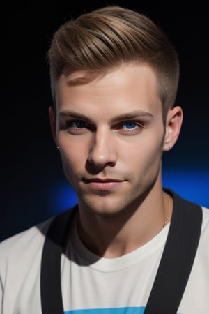 A close-up shot of an American young man with a striking resemblance to DJ Armin van Buuren. He has a caramel-blonde pompadour hairstyle, piercing blue eyes that seem to sparkle under the studio lights. Wearing a bold purple jacket over a crisp white T-shirt, he exudes a charismatic energy as he strikes a confident pose against a dark gray or black background.