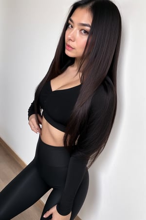a gorgeous Mexican woman, 32 years old, but looks like 20 years old, her name is Tamara, seducing, adorable face, medium long hair (((straight hair))), goth makeup (((black makeup))), perfect medium breast ,Detailedface,room, view, yoga pants  (((very tight on legs))) (((black pants))),hannaaqeela ((( huge eyes))) (((front body shot)),perfecteyes eyes,cleavage, sexy white shirt (((small))). bent over 1:2
