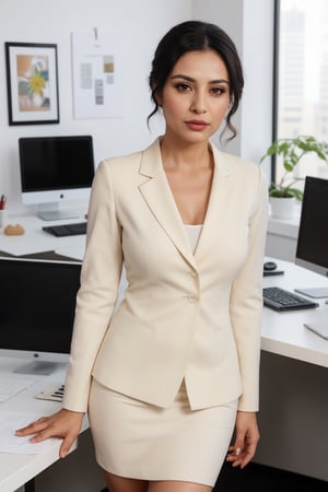 37 years old Mexican woman but looks 22, solo, looking at viewer, dark eyes, black straight hair, closed mouth, artist name, lips, white shirt (((white))), black blazer, realistic, perfect hairstyle, office_lady, office, office dress (((cream color))), standing, looking straight, half body, attention position, More Detail