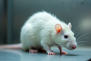 A white rat kept in a vivarium at GenLab