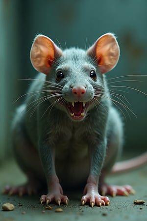 A mutant rat the size of a pit bull dog, its head looks similar to that of a wolf, canine teeth, ears, similar to those of a wolf, wolfish eyes and a not so long tail lurking in a laboratory facility after an experiment outside of control.