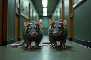 Two mutant rats the size of a pit bull dog, wolfish head, slightly yellow eyes, not so long tail lurking in the halls of GenLab after a failed experiment