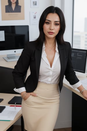 34 years old Mexican woman but looks 18, solo, looking at viewer, dark eyes, black straight hair, closed mouth, artist name, lips, white shirt, black blazer, realistic, perfect hairstyle, office_lady, office, office dress, standing, looking straight, half body, attention position, More Detail