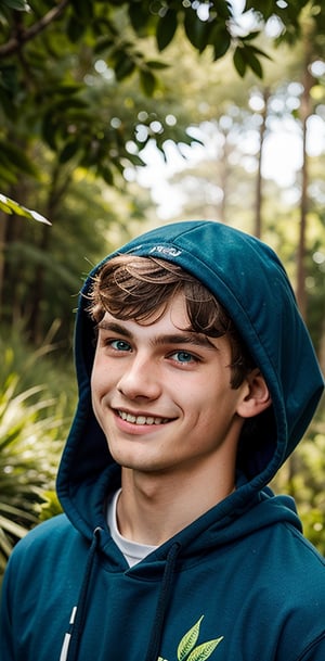 A youthful Kiwi lad with a familiar face! Here's the prompt:

A 18-year-old boy from New Zealand, reminiscent of Robert Irwin, stands confidently with his caramel blonde hair blown back by an unseen breeze. His piercing light blue eyes sparkle under the warm sunlight. He wears a vibrant emerald green hoodie, its bold color contrasting with the surrounding natural scenery. Framed against a lush green forest backdrop, our young adventurer looks out at the camera with a sense of excitement and possibility.