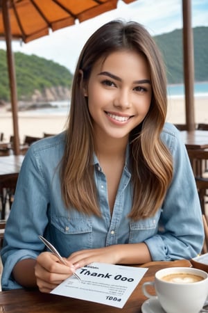 Realistic mid shot photo of an American pretty young woman, 23 years old, wearing a casual attire, with long straight hair sitting at a breakfast table in an outdoor restaurant over rice meal and coffee, hands holding a special sign board with text saying "Thanks for 100", (((photorealism:1.4))), best quality, photography QUALITY, 8k, smile while mouth closed, hair ribbon, overlooking the sea shoreline, extremely realistic 