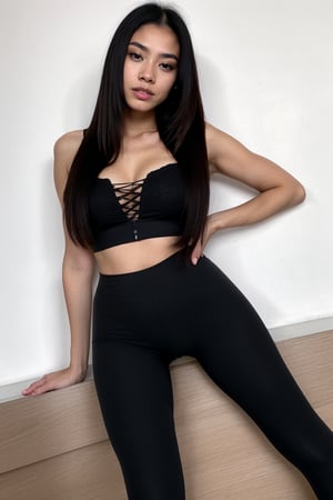 a gorgeous Mexican woman, 32 years old, but looks 20 years old, her name is Roberta, seducing, adorable face, medium long hair (((straight hair))), goth makeup (((black makeup))), perfect medium breast ,Detailedface,room, view, yoga pants  (((very tight on legs))) (((black pants))),hannaaqeela ((( huge eyes))) (((front body shot)),perfecteyes eyes,cleavage, sexy white shirt (((small))). bent over 1:2