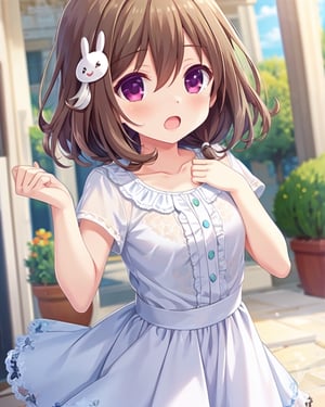 (masterpiece), best quality, high resolution, extremely detailed, (perfect anatomy), detailed background, perfect lighting, kawaii, nice hands, perfect hands, smooth line, vivid color, solo, 1girl, Kazemachi Haruka, Girl Friend Beta, Brown hair, short hair, rabbit hair ornament of the left side, medium breasts, cowboy shot, 