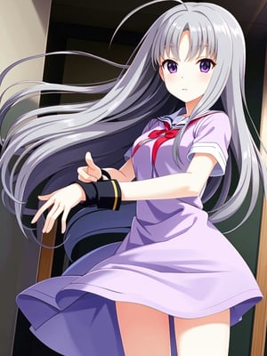 (masterpiece), ultra high resolution anime illustrations, perfect lighting, (perfect accurate anatomy:1.2), (nice hands, perfect hands), (kawaii:1.2), (detailed shiny big eyes:1.2), detailed background BREAK Kira Sayuri, Alternative Girls, grey hair, parted bangs, ahoge, purple eyes, breasts BREAK (school uniform:0.9), cowboy shot, school hallway