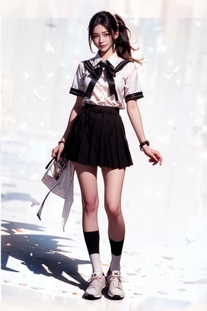 (best quality), ((masterpiece)), (highres), illustration, original, extremely detailed, (二次元大系·御姐篇_V1.0:0.7)zlqs, 1girl, skirt, solo, shoes, full body, white background, school uniform, brown hair, black skirt, simple background, smile, looking at viewer, jewelry, pleated skirt, clothes around waist, short sleeves, breasts, standing, sneakers, white shirt, bracelet, ponytail, shirt, serafuku, neckerchief, sailor collar, bangs, large breasts, socks, purple eyes, jacket, closed mouth, black sailor collar, sweater ,Realism,naked_shirt