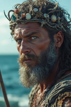 "A close-up of Poseidon, god of the sea, in a calm and majestic state. His face is strong and serene, with deep blue eyes that reflect the vastness of the ocean. His hair and beard are flowing and slightly wavy, resembling the gentle movement of water. He wears a crown of coral and seashells, and his trident is faintly visible beside him. The background is a tranquil ocean, with clear skies and soft sunlight illuminating his features."