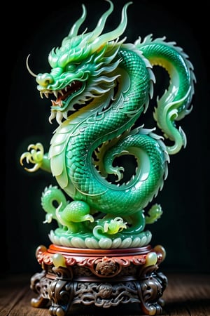 Chinese dragon, full body, meticulously engraved on a jade egg, standing on an ornate wooden pedestal, jade translucence glowing in soft backlight, dragon scales reflecting light with precise detail, contrasting textures of smooth jade and intricate carving, 8k resolution, ultra fine detail.