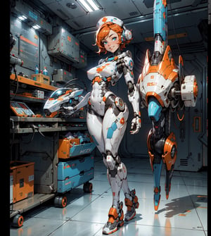  1 girl , Nurse , cute girl, pretty eyes, cheeky face , short Orange hair, naked, big boobs, curvy_figure , appendages in matching pairs , proper robot Sneakers , proper robot hands , naughty grin , Sci-fi, ultra high res, futuristic , {(little robot)}, {(solo)}, full body , {(complex, Machine background ,spaceship Medical bay interior background, Mecha medical parts)}