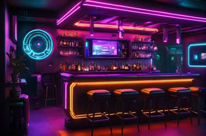 cyberpunk, scifi, luxurious, neon, cyberpunk, bar Lounge, dystopia, near future, cybernetic, clear lines, aliens, humans,cyberpunk style, photorealistic, 3d, detailed, masterpiece