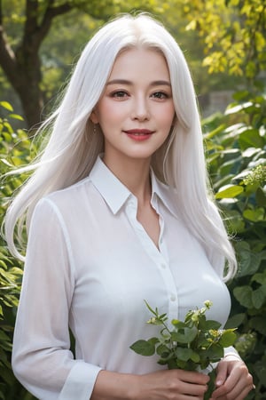 white haired old lady queen in the secret garden amongst ruins and flowers and trees, 55 years old, masterpiece, best quality, photorealistic, raw photo, 1girl, long hair, medium breast, collared blouse, light smile, detailed skin, pore, depth of field, low key, dslr