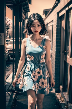 woman, flower dress, colorful, darl background,blue theme,exposure blend, medium shot, bokeh, (hdr:1.4), high contrast, (cinematic, teal and orange:0.85), (muted colors, dim colors, soothing tones:1.3), low saturation,motiontrail