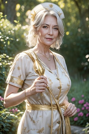   ((Fujifilm))milf,best quality, high resolution, 8k, realistic, sharp focus, photorealistic image of a beautiful white haired old lady nurse in the secret garden amongst ruins and flowers and trees, 55 years old, this nurse wearing golden garb , semi transparent decoration, shiny skin, reflection, far camera shoot, blurry_light_background,1 girl,yuzu
