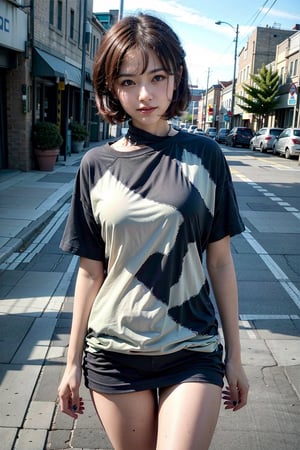 (hyperrealistic photo of beautiful woman)(realistic:1.3), finely detailed, quality, dim lighting, (masterpiece:1.2), (photorealistic:1.2), (best quality), (detailed skin:1.3), (intricate details), dramatic, eterna, 1girl, japanese girl, 25 years old, wearing long oversized t-shirt, converse all-star sneakers, standing in front of coffee shop, outdoor, in the street, detailed skin texture, (blush:0.5), (goosebumps:0.5), subsurface scattering, smiling, medium breasts, short hair curl, bangs, hair between eyes, intricate, cowboy shot, (addnet weight 1:1.0), detailed skin,